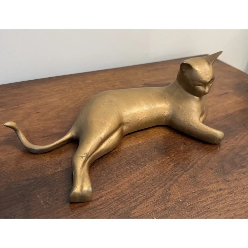 Vintage Solid Brass Reclining Cat Sculpture 11.25